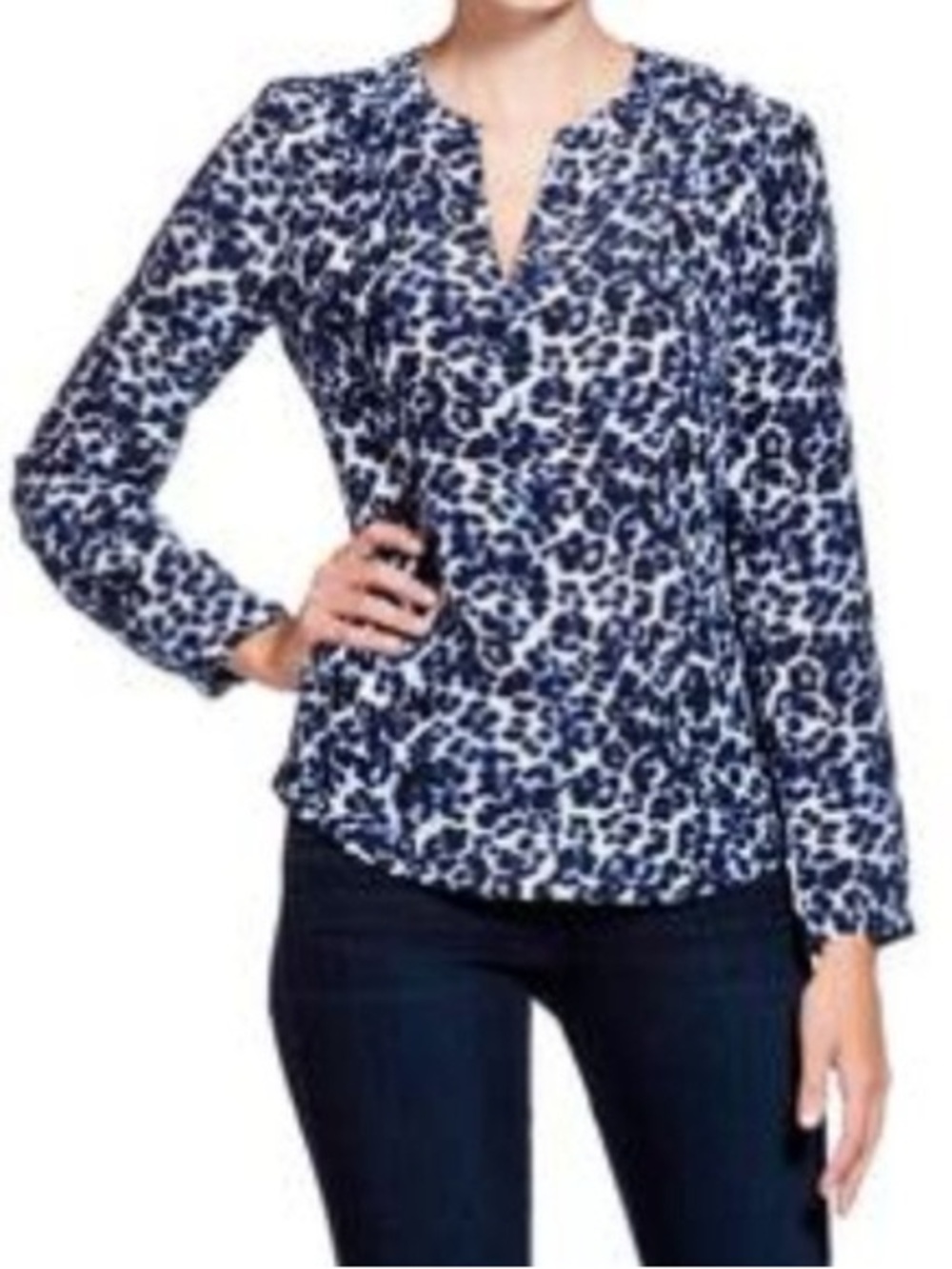 Rebecca Taylor $395 NWOT 100% SILK Navy and White Printed Split-Neck Blouse.